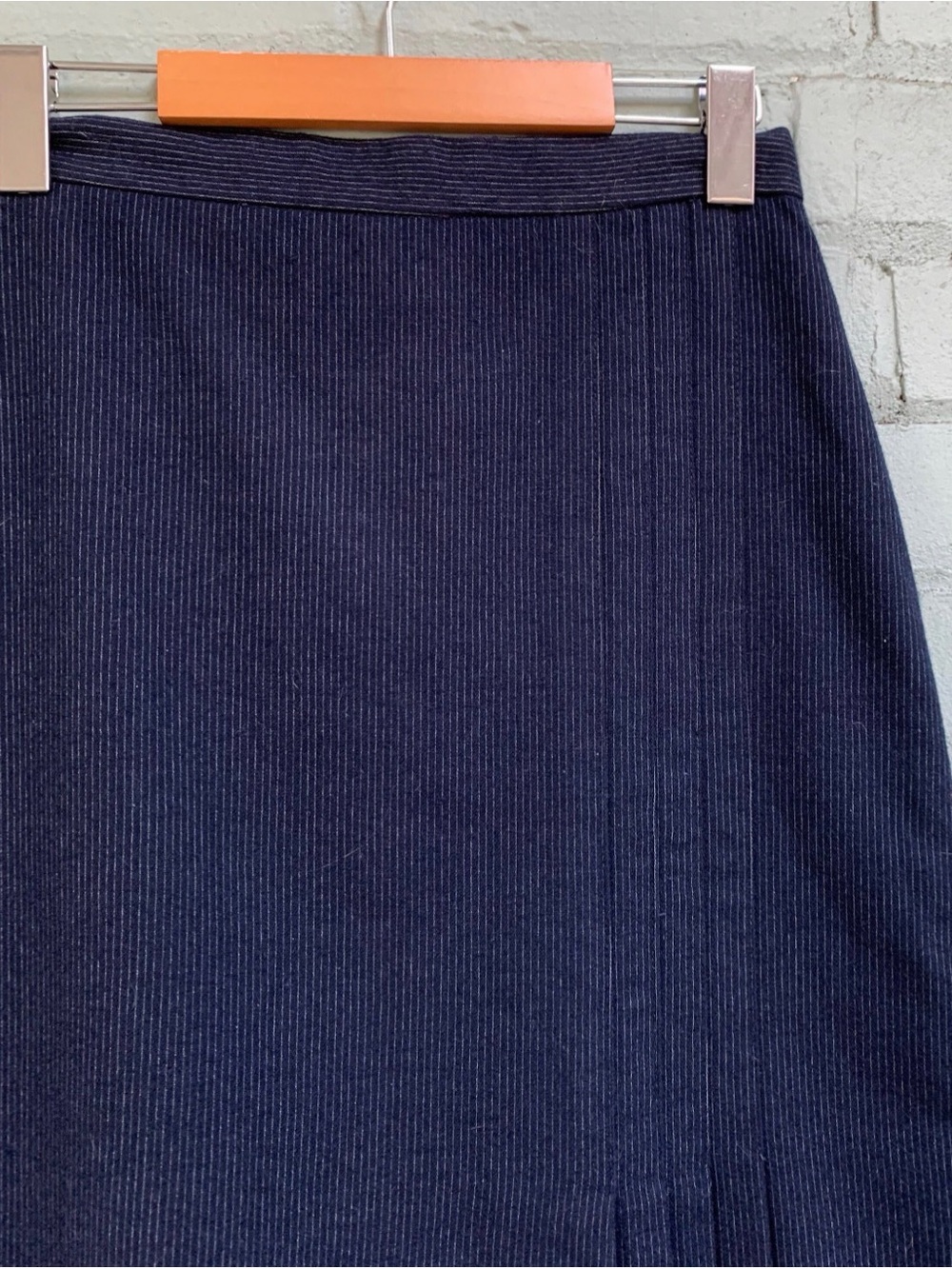 Navy Midi Pencil Skirt with Pleated Hem Detail and Pinstripes - Picture 2 of 8